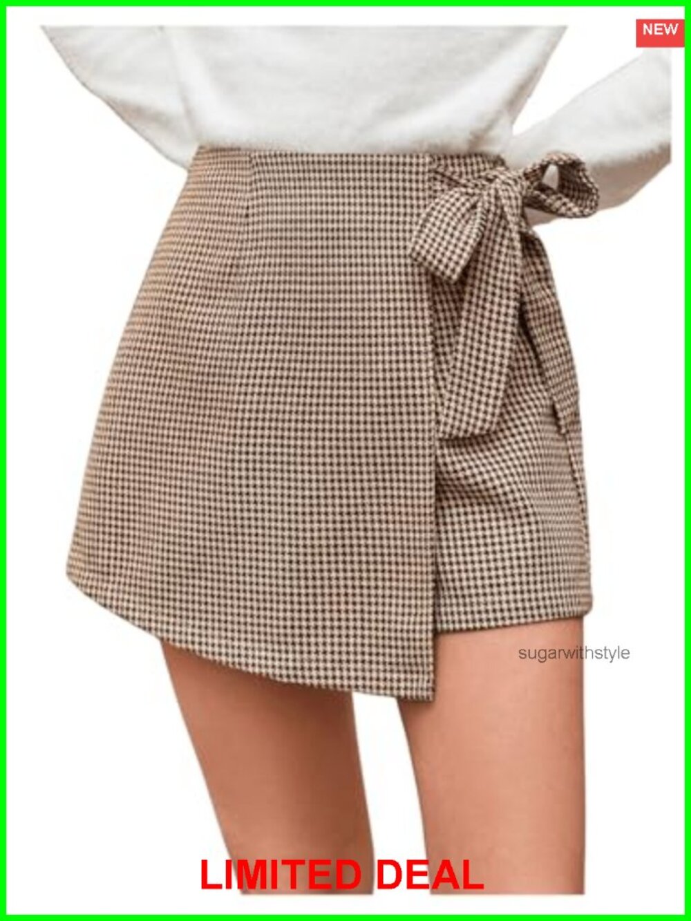 Houndstooth Wrap Skort High Waisted Tie Knot Asymmetrical Hem Dressy Shorts